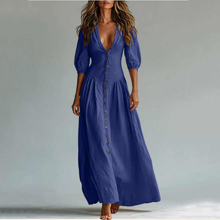 Damen Maxikleid mit tiefem V-Ausschnitt, durchgehender Knopfleiste und Ballonärmeln – Valéora