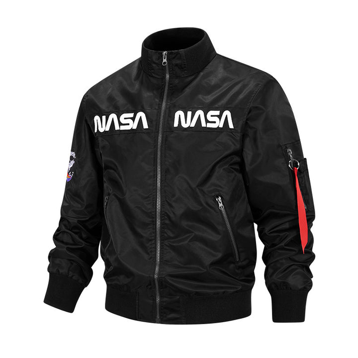 Men's metallic pilot-style zip-up bomber jacket with embroidered chest panels and angled zip hand pockets – Brevano