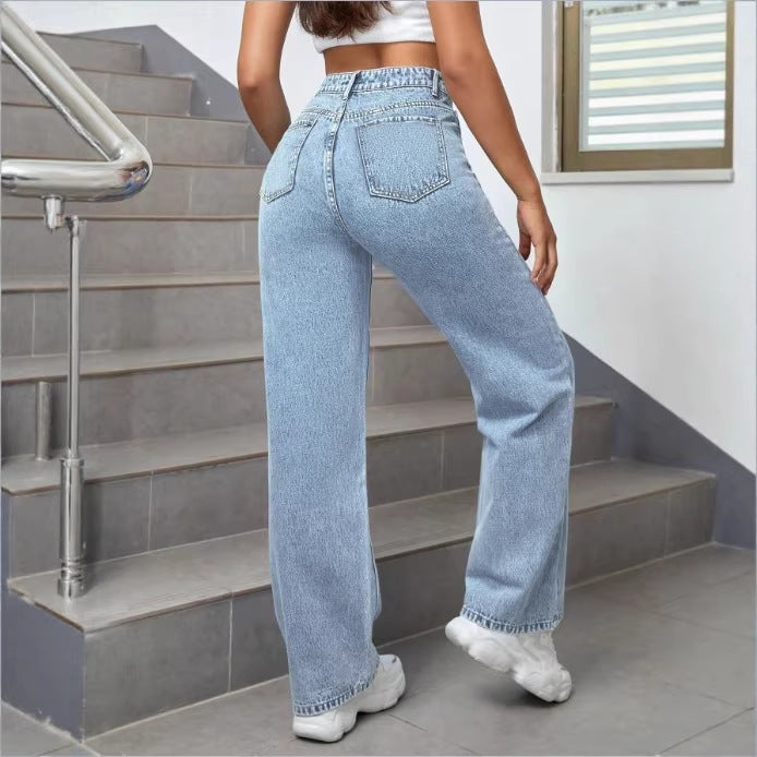 Damen hochtaillierte weite Denim-Jeans mit auffälligen Print‑Fleck‑Akzenten Echo Archiv