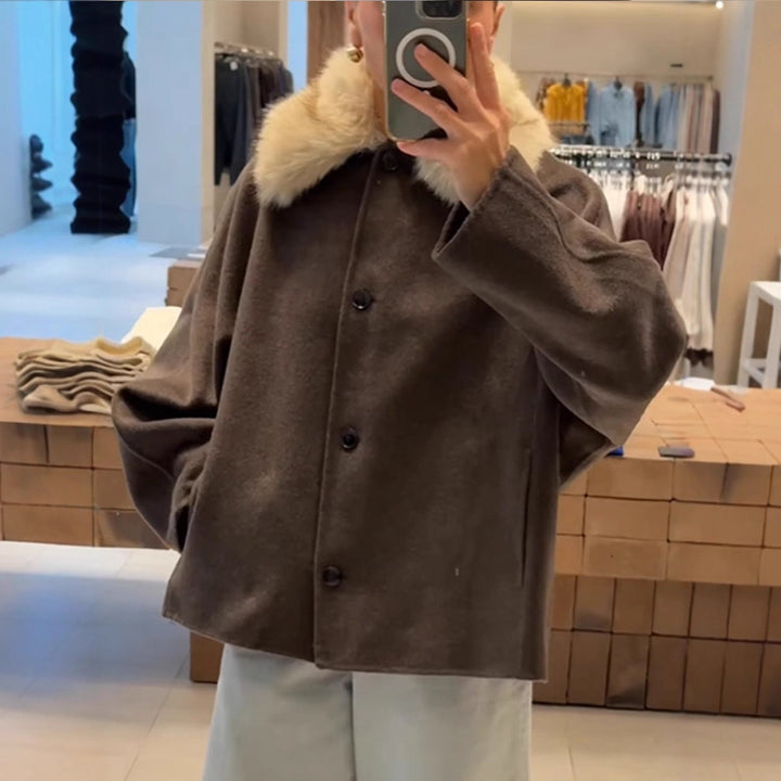 Damen Boxy-Cropped Wollmix-Jacke mit weichem Kunstpelz‑Schalkragen Echoarchiv