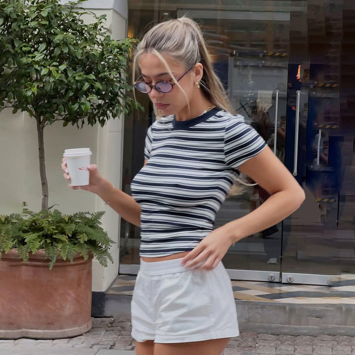Damen figurbetontes gestreiftes T-Shirt mit Rundhalsausschnitt Echo Archiv