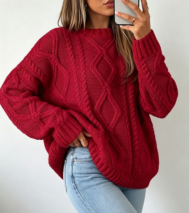 Damen Oversize Flechtstrick-Pullover mit Zopfmuster und Rundhals – Mavelle