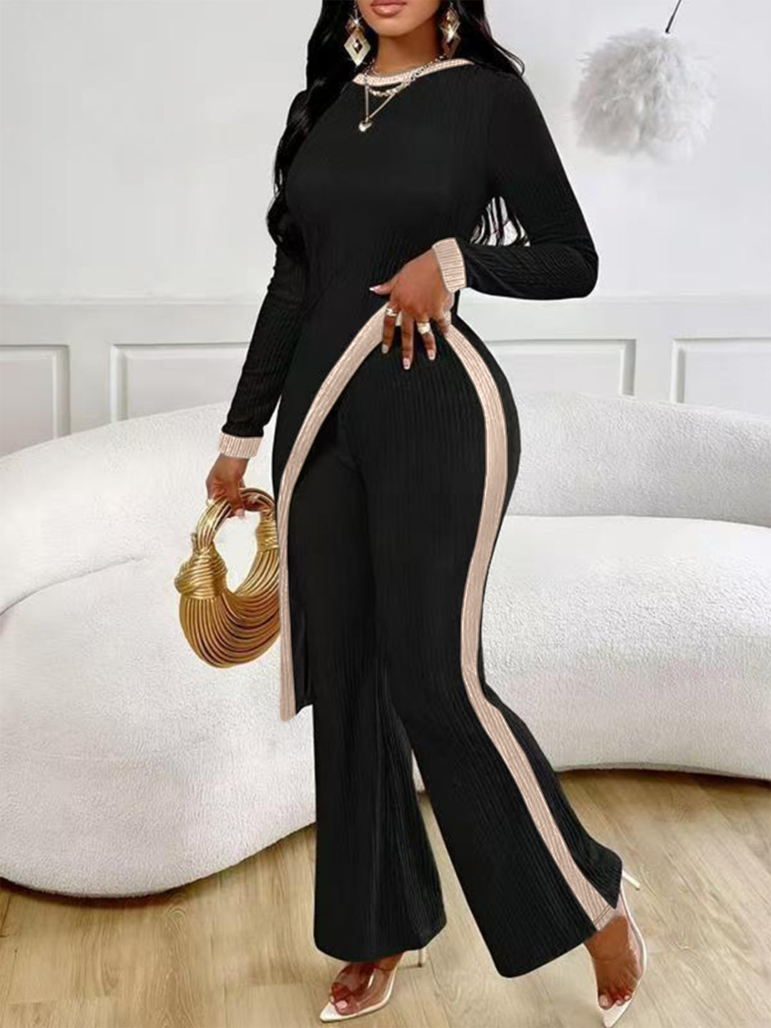 Damen nan eleganter Rippen-Jumpsuit mit asymmetrischer Wickeloptik, taillierendem Cut-Out und kontrastierenden Seitenstreifen Echo Archiv