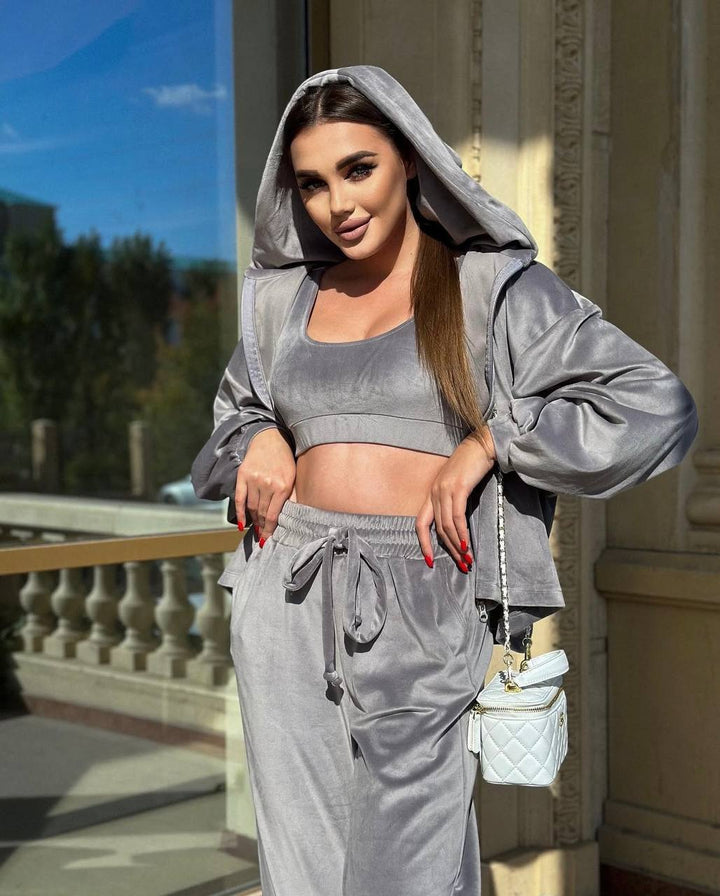 Damen Cropped Samt-Hoodie mit weitem Arm und High-Waist Jogginghose im Lounge-Set – Auréline