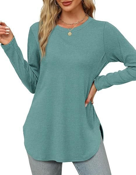 Damen Lässiges Longsleeve-Tunikaoberteil mit Rundhalsausschnitt, Seitenschlitzen und Aquarell-Blattprint Echo Archiv