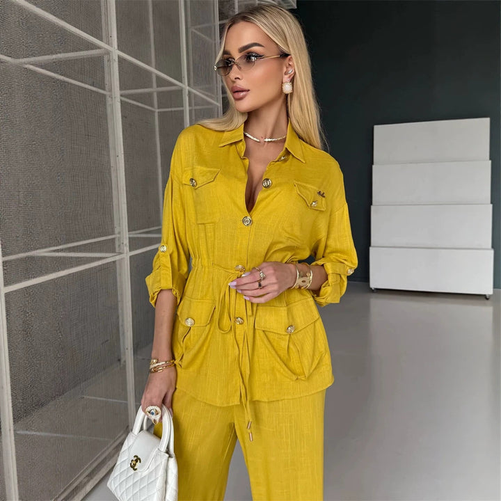 Damen Leinenoptik Utility-Hemdjacke mit Tunnelzugtaillierung und goldenen Zierknöpfen Echoarchiv