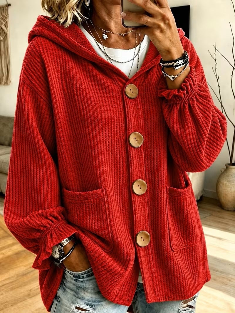 Damen Oversize Kapuzen-Strickjacke mit Waffelstruktur und Holzknöpfen Echo Archiv