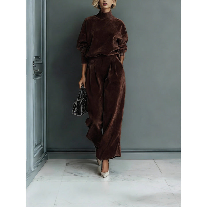 Damen Zweiteiliges Samt-Loungewear-Set mit Stehkragen und Plissee-Palazzohose – Élanora