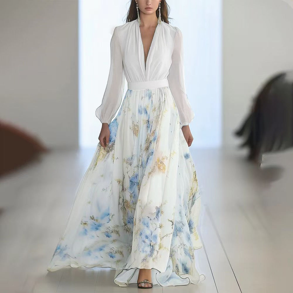 Damen nan fließendes Chiffon-Maxikleid mit tiefem V-Ausschnitt, tailliertem Bund und langem Glockenrock Echo Archiv