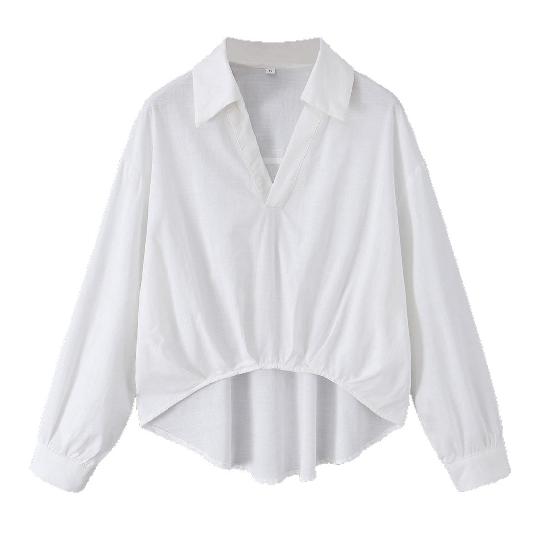 Damen lockere Baumwollbluse mit V-Ausschnitt, Hemdkragen und gerafftem Zipfelsaum – Élovi