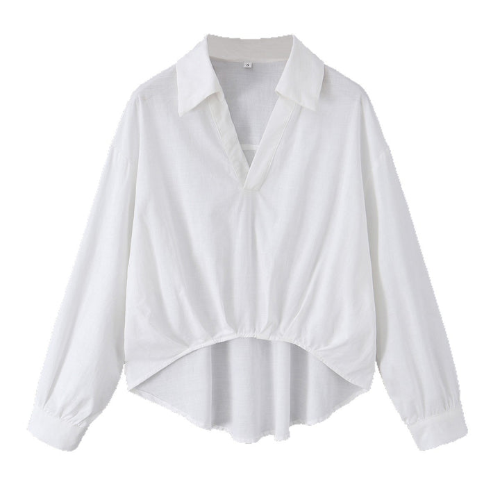Damen lockere Baumwollbluse mit V-Ausschnitt, Hemdkragen und gerafftem Zipfelsaum – Élovi
