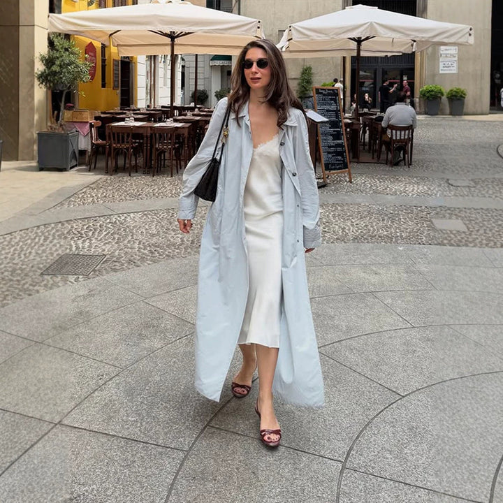 Damen Leichter langer Trenchcoat aus technischem Material mit verdeckter Knopfleiste und lockerem Fall Echoarchiv