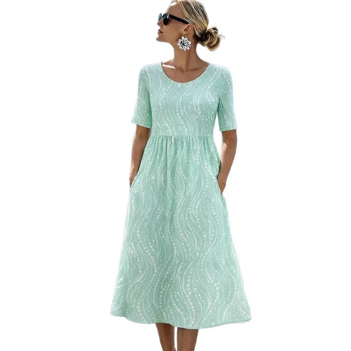 Damen Leichtes Midikleid mit Empire-Taille, halblangen Ärmeln und Eingrifftaschen Echoarchiv