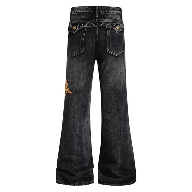 Damen Weite High‑Waist Schlaghose aus Denim mit barocker Stickerei Echoarchiv