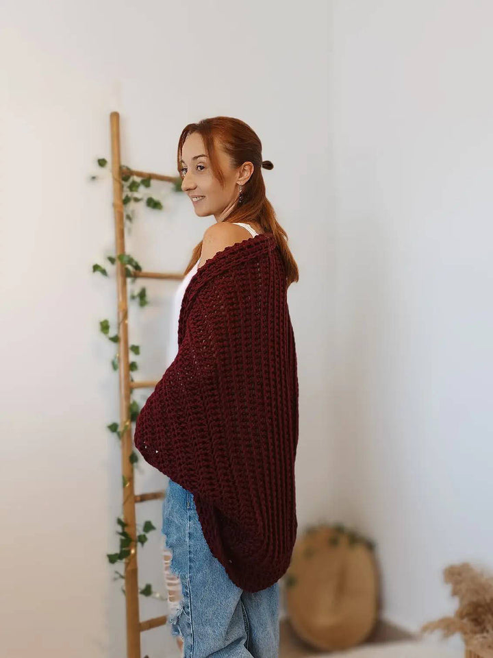 Damen Oversized gehäkelter Poncho Schal aus grobem Strick Drune