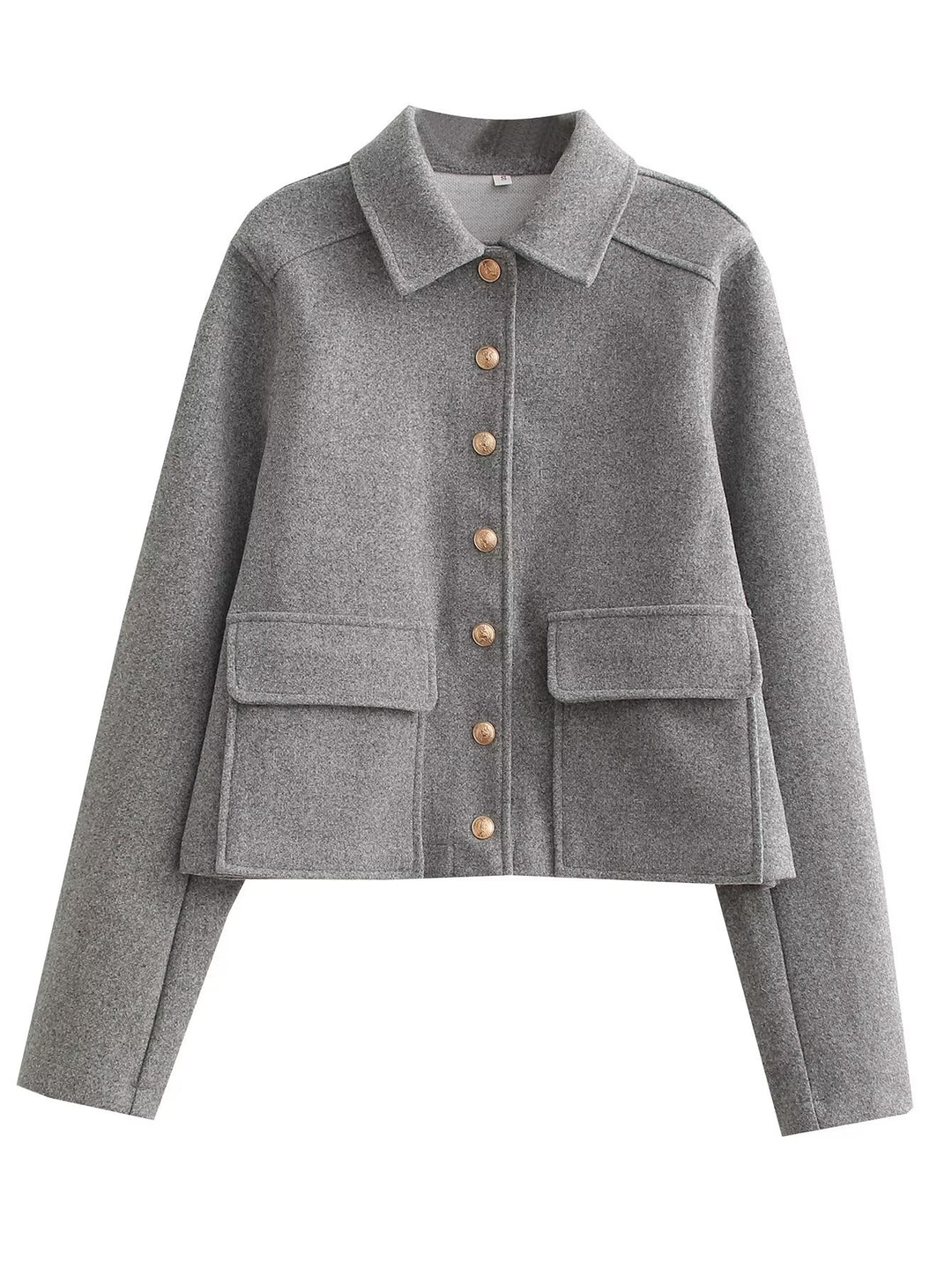 Damen Kurze Boxy-Wollmix-Jacke mit aufgesetzten Pattentaschen und goldfarbenen Zierknöpfen Echoarchiv