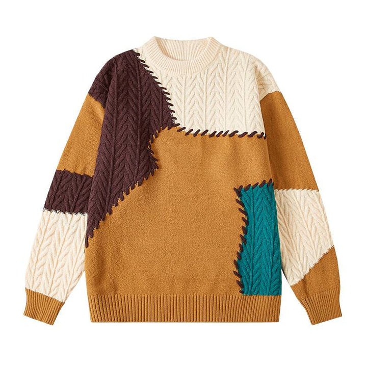 Herren nan strukturierter Patchwork-Strickpullover mit Zopfmuster und Rundhals Echo Archiv