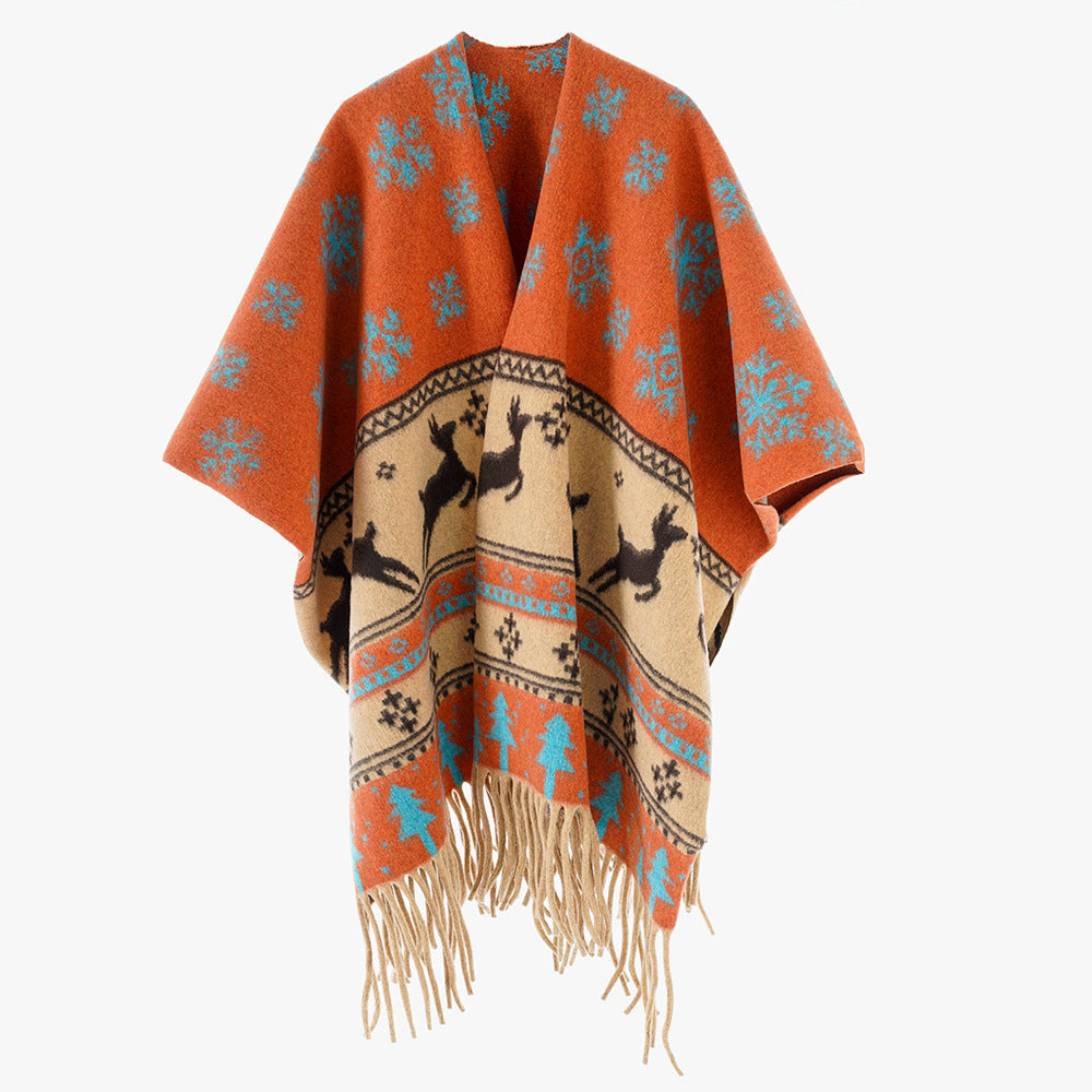 Damen Oversize-Poncho mit Norweger-Motiv und Fransen aus Wollmix Echo Archiv