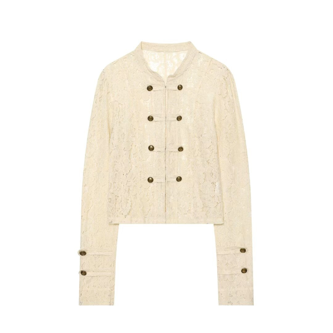 Damen Kurze Spitzenjacke im militärisch inspirierten Stil mit Stehkragen und Zierknopfleiste Echo Archiv