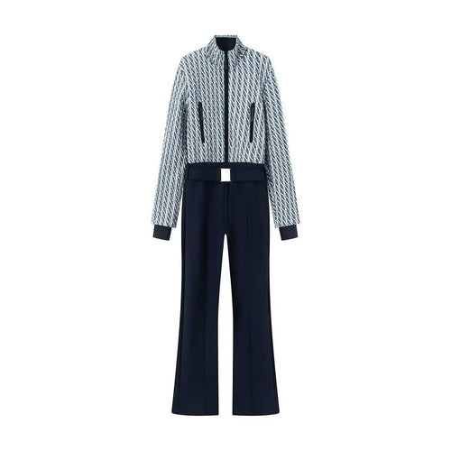 Damen nan kurz geschnittenes Bouclé-Blouson-Set mit Stehkragen, verdecktem Reißverschluss und High-Waist Schlaghose Echo Archiv