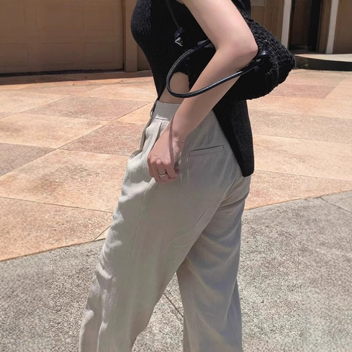 Damen Weite Leinenmix-Hose mit hoher Taille, Bügelfalte und Eingrifftaschen Echoarchiv