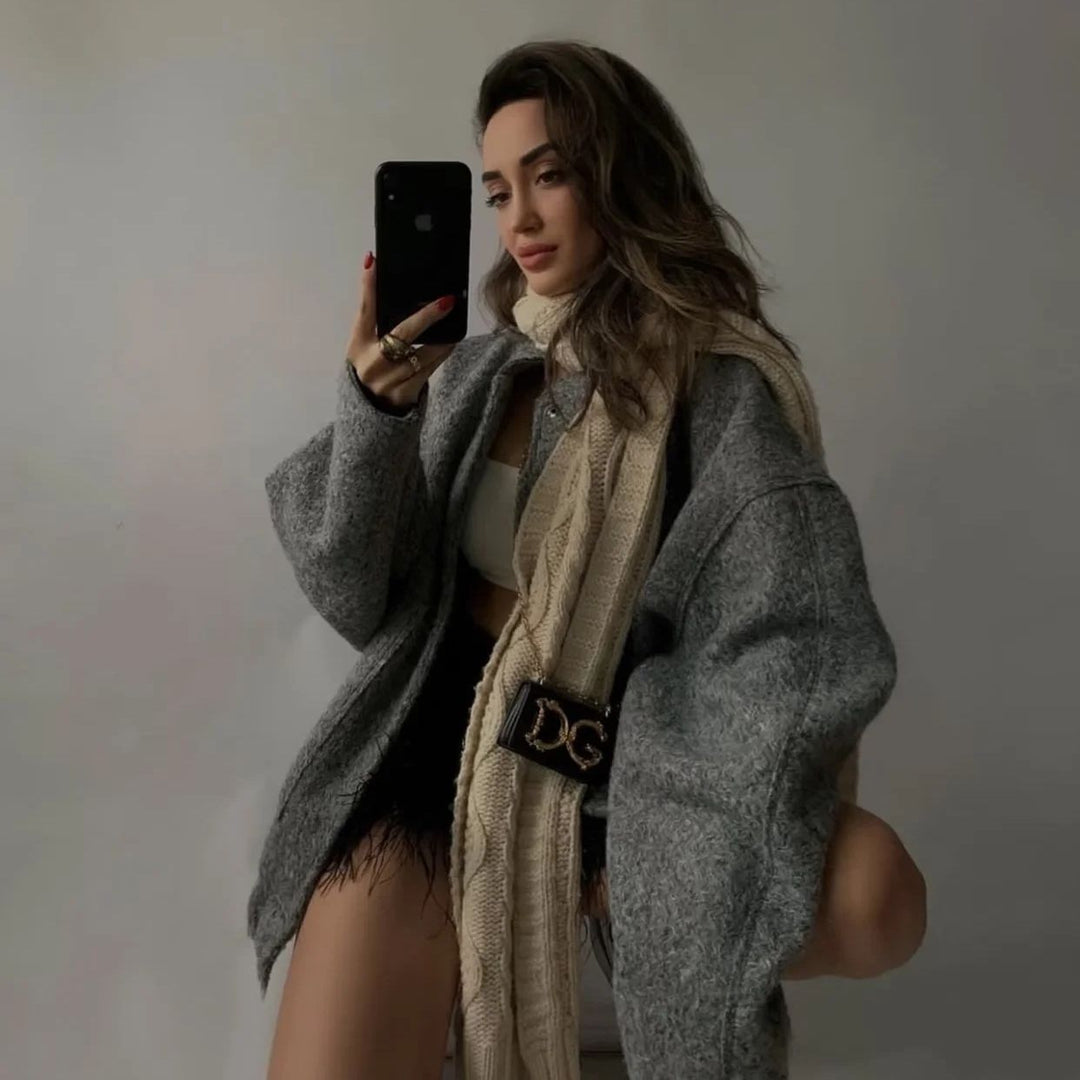 Damen Oversize-Fleecejacke mit Stehkragen, aufgesetzten Fronttaschen und elastischem Saum Echo Archiv