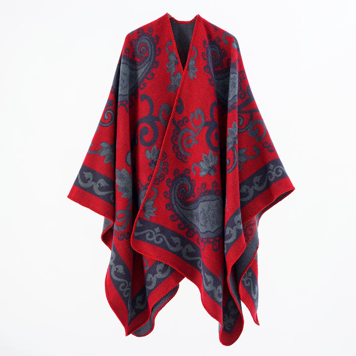 Damen Wollmix-Poncho-Umhang mit Paisley-Jacquard und Ziernaht – Célinea