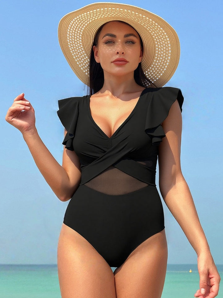 Damen Eleganter Einteiler Badeanzug mit asymmetrischem Rüschendesign Echo Archiv