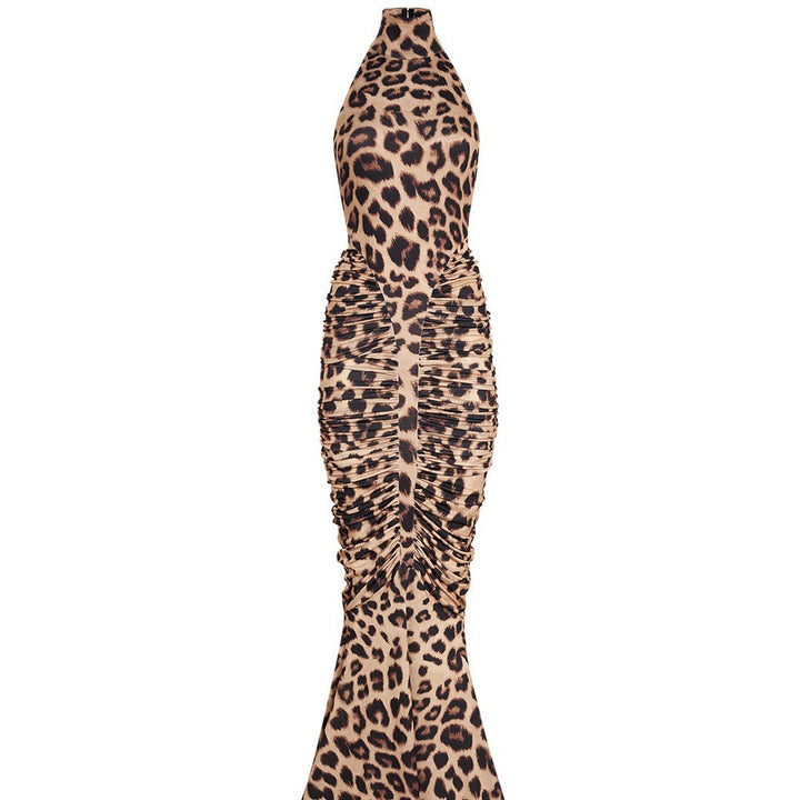 Damen Elegantes Leopardenmuster Maxikleid mit hohen Kragen und raffinierten Schnitten Echo Archiv
