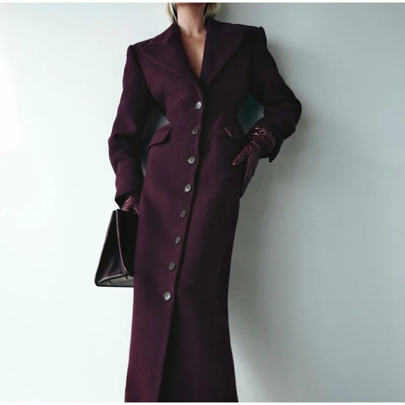 Damen Eleganter Wollmantel mit tailliertem Schnitt und langen Ärmeln Echoarchiv