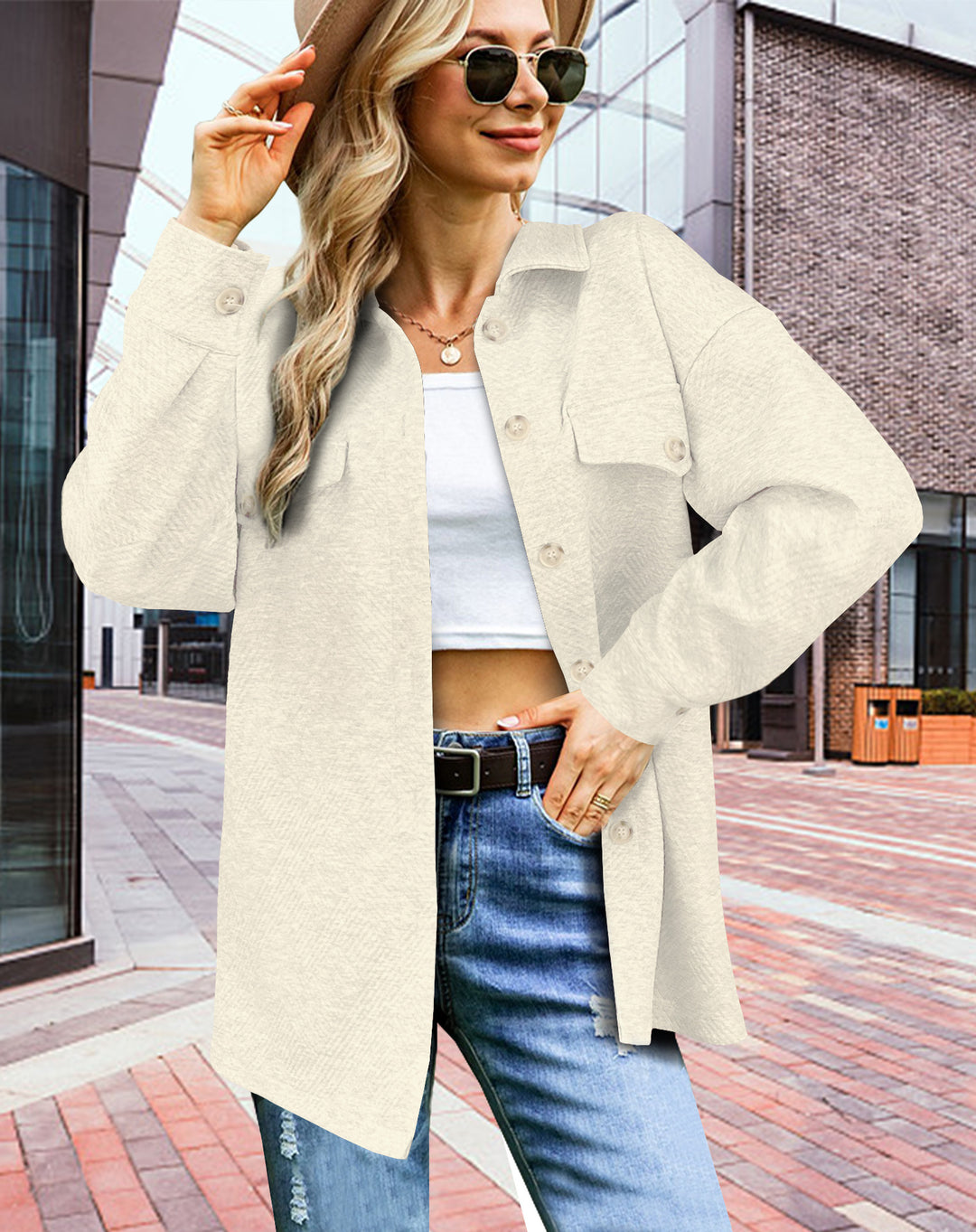 Damen Longline Oversize Hemdjacke mit aufgesetzten Pattentaschen und Strukturstoff – Célinea