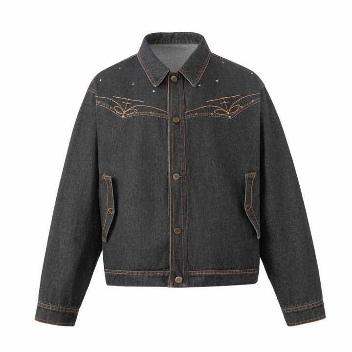 Unisex Boxy-Jeansblouson mit Sternstickerei und Ziernieten Echoarchiv