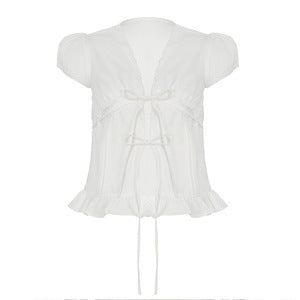 Damen Rüschenbluse mit zarten Schleifendetails und kurzärmeligen Puffärmel Echo Archiv