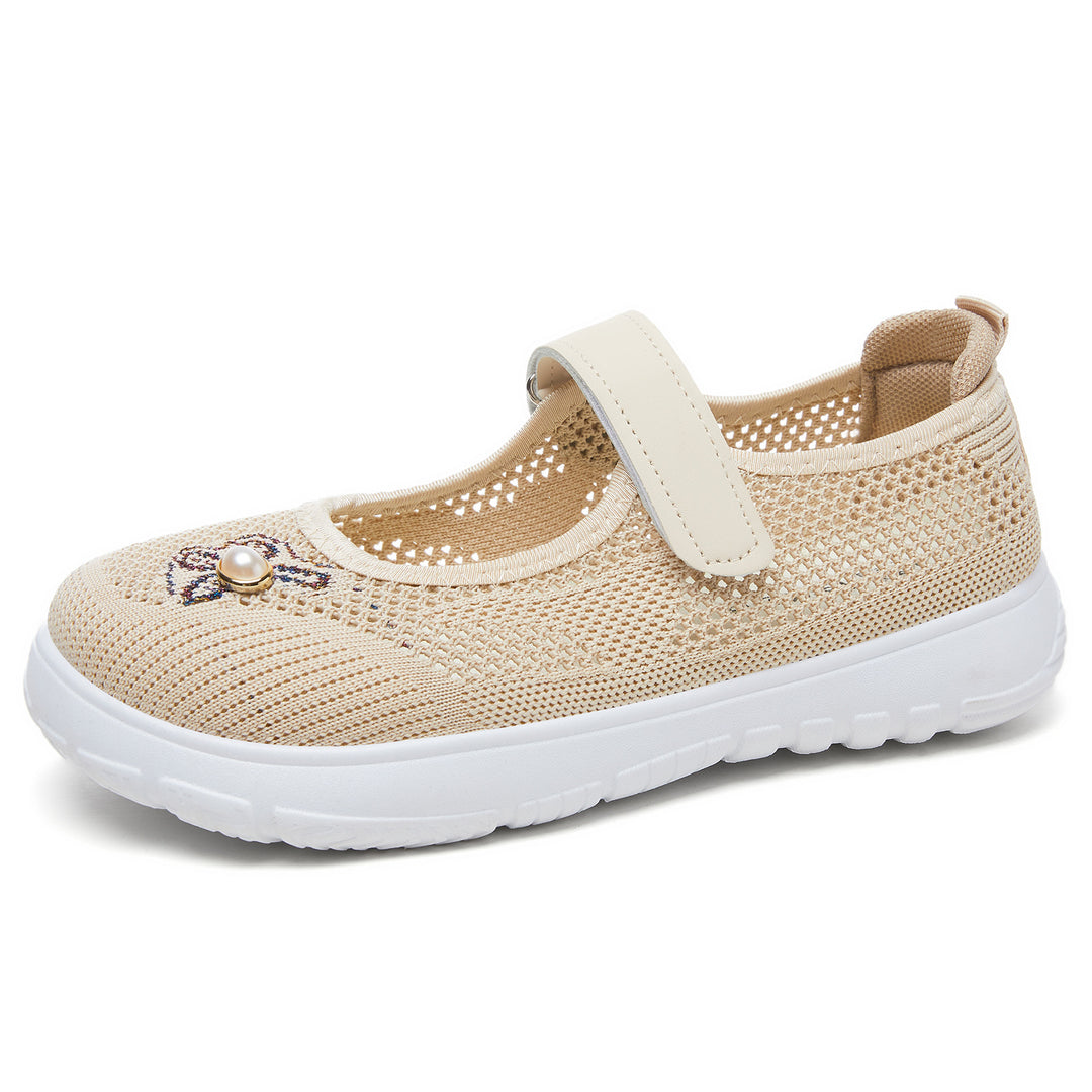 Damen nan gestrickter Mary-Jane-Sneaker mit Klettriemen, atmungsaktivem Strickoberteil, dekorativer Perlenapplikation und dämpfender EVA-Sohle Echo Archiv