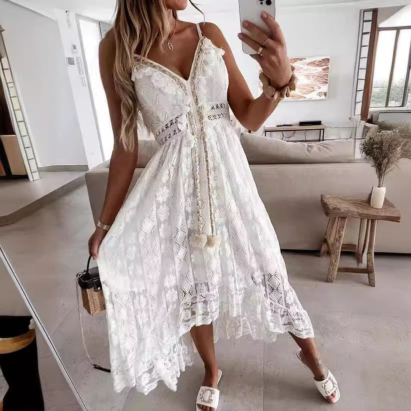 Damen Spitzen Maxi-Kleid mit zarten Häkel- und Rüschendetails Echo Archiv