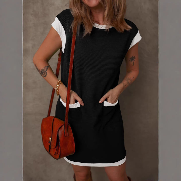 Damen Ärmelloses A-Linien-Shiftkleid mit Kontrastkanten, aufgesetzten Taschen und strukturierter Rippoptik – Lunéa