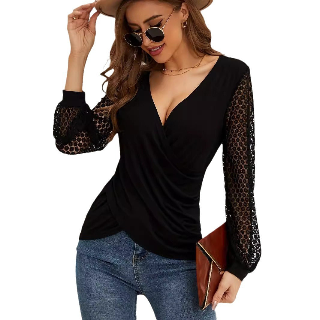 Damen nan elegante Wickelbluse mit Spitzenärmeln und tiefem V-Ausschnitt Echo Archiv