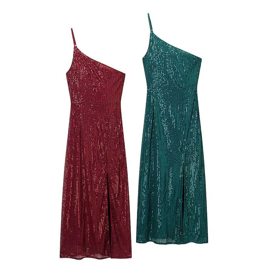 Damen glamouröses Abendkleid mit asymmetrischem Schnitt und schimmernden Pailletten Echo Archiv