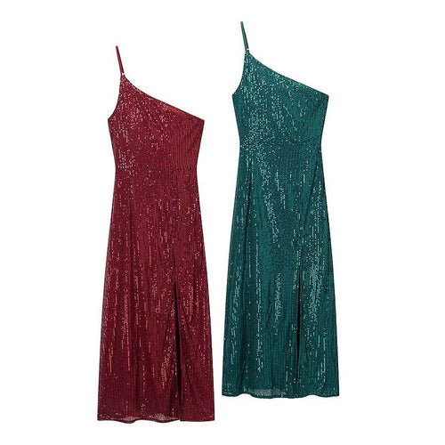 Damen glamouröses Abendkleid mit asymmetrischem Schnitt und schimmernden Pailletten Echo Archiv