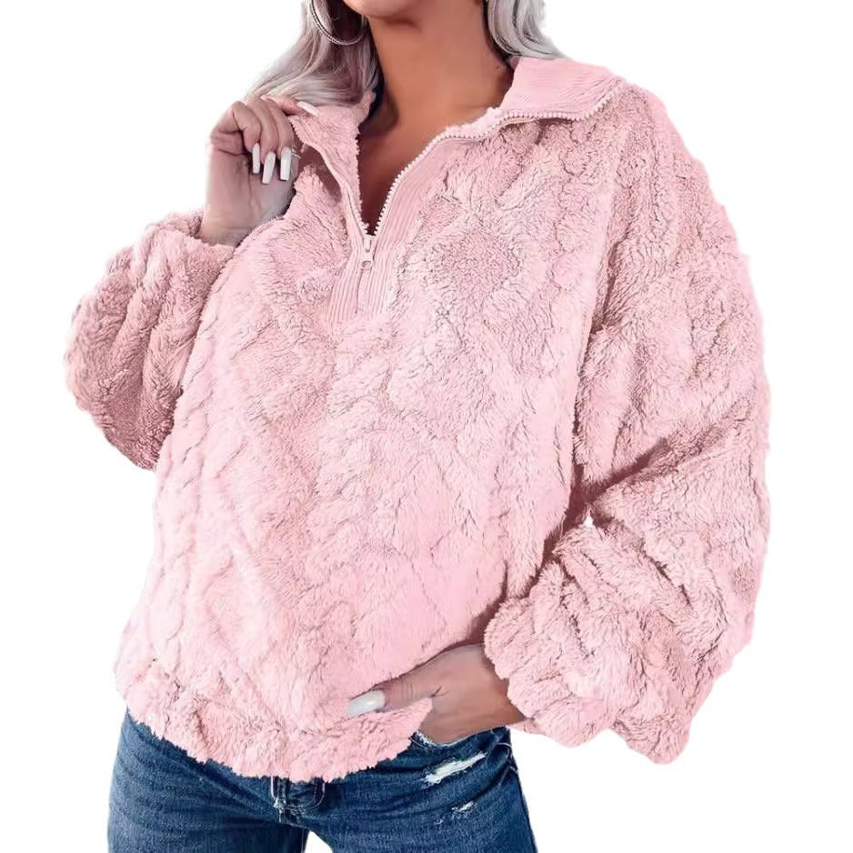 Damen nan Plüsch-Sherpa-Pullover mit halbem Reißverschluss, Stehkragen und oversized Silhouette Echo Archiv