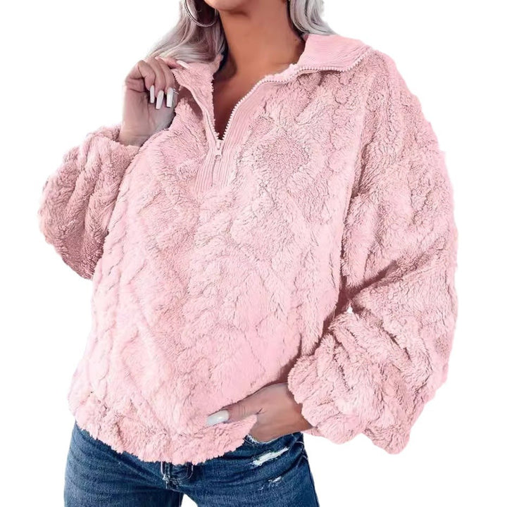 Damen nan Plüsch-Sherpa-Pullover mit halbem Reißverschluss, Stehkragen und oversized Silhouette Echo Archiv