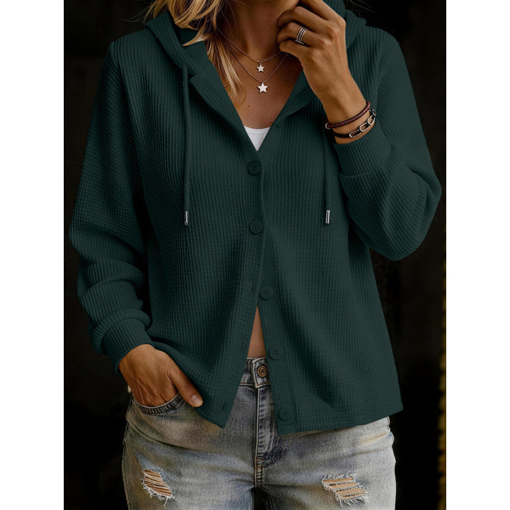 Damen Kapuzenstrickjacke im Waffelstrick mit Knopfleiste Echoarchiv