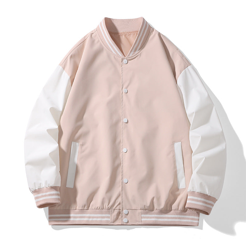Unisex College Varsity Bomberjacke mit kontrastierenden Ärmeln, gestreiften Rippbündchen und Druckknopfverschluss – Brevano