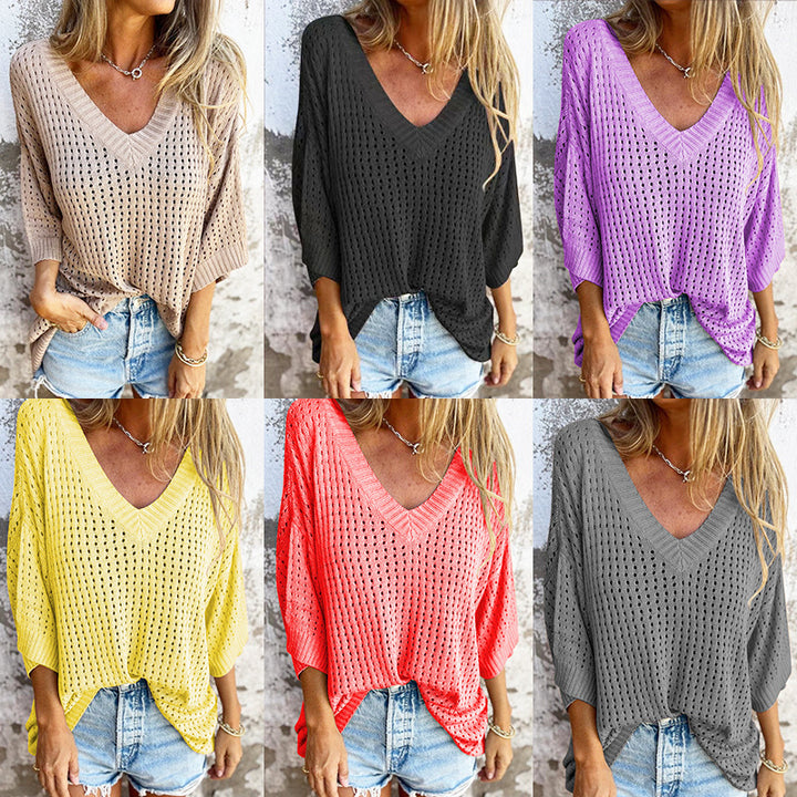 Damen nan luftig gestrickter V-Ausschnitt Pullover im Oversize-Schnitt Echo Archiv