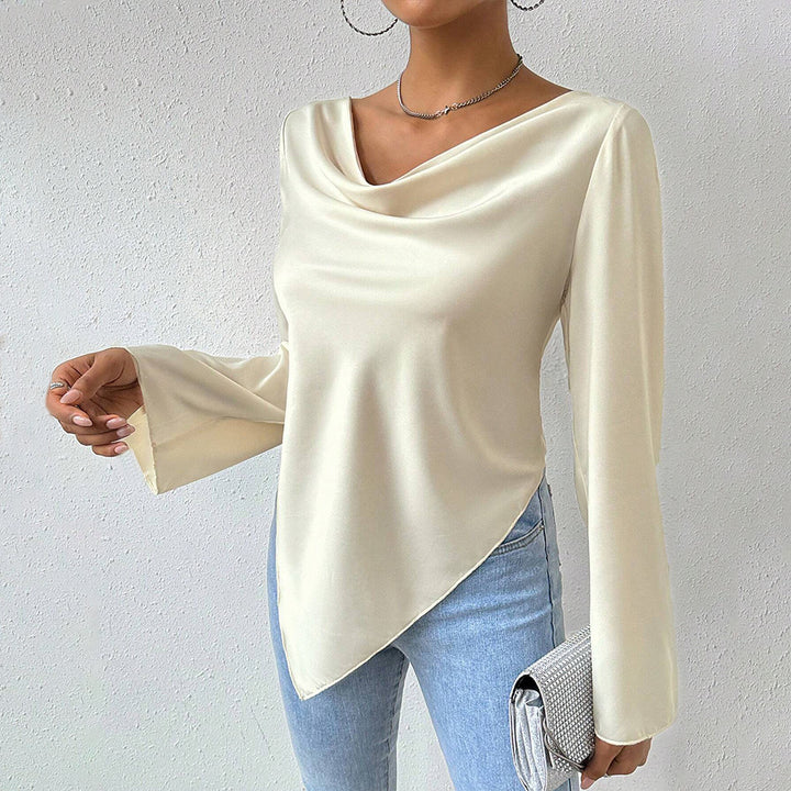 Damen Bluse mit Wasserfallkragen, weiten Trompetenärmeln und fließender Satinoptik – Élovi
