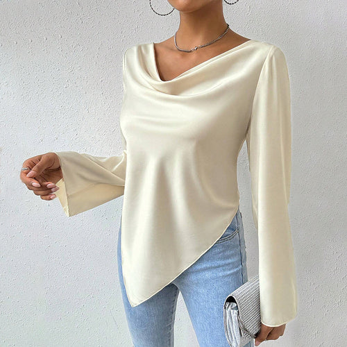 Damen Bluse mit Wasserfallkragen, weiten Trompetenärmeln und fließender Satinoptik – Élovi