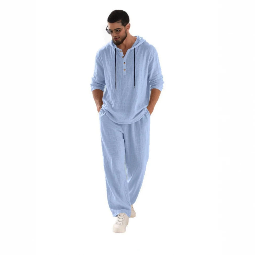 Herren nan lässiges Leinenzweiteiler-Set mit Kapuzenhemd im Henley-Stil und weiten Freizeit-Hosen Echo Archiv