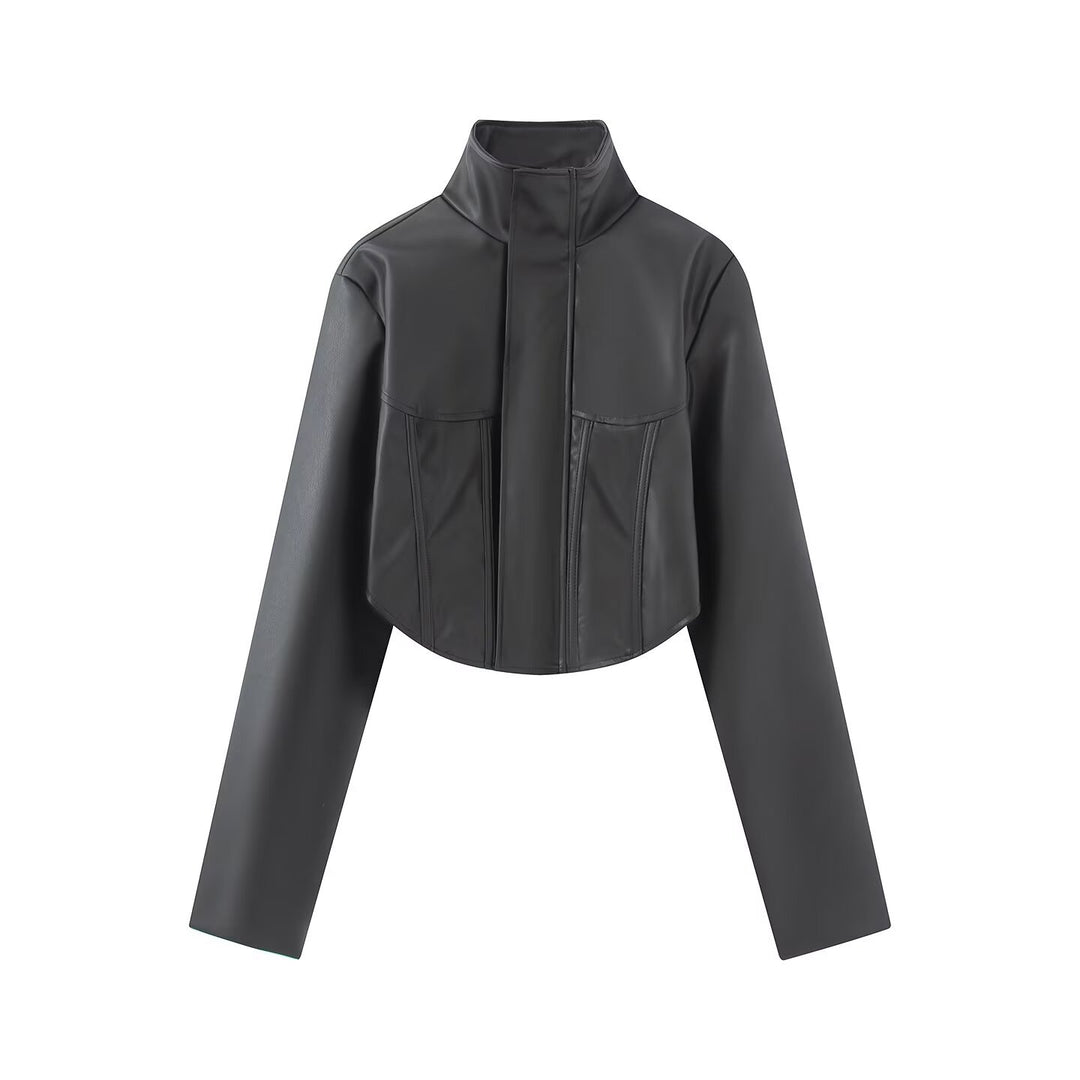 Damen Kurze Lederoptik-Jacke mit Korsagennaht und Stehkragen Echo Archiv