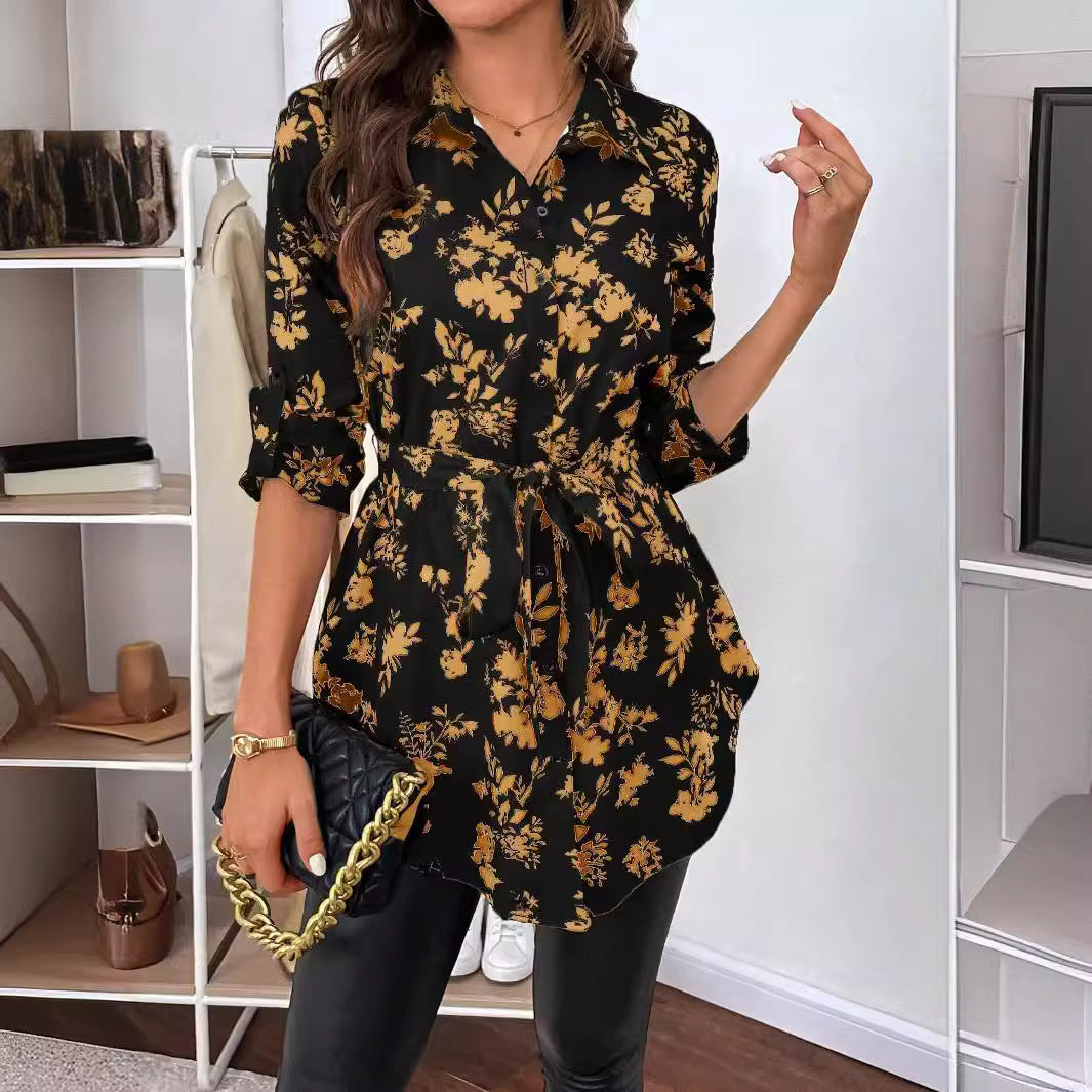Damen nan lockere Hemdblusen-Tunika mit floralem Allover-Print, Bindegürtel und Krempelärmeln Echo Archiv