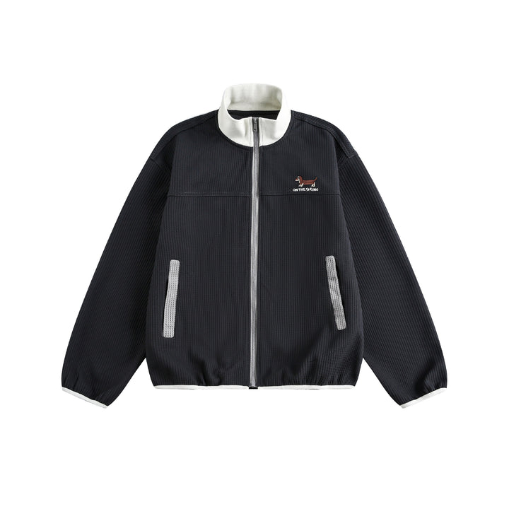 Damen Waffelstruktur Zipjacke im Boxy‑Cut mit Stehkragen und Hundestickerei Echoarchiv
